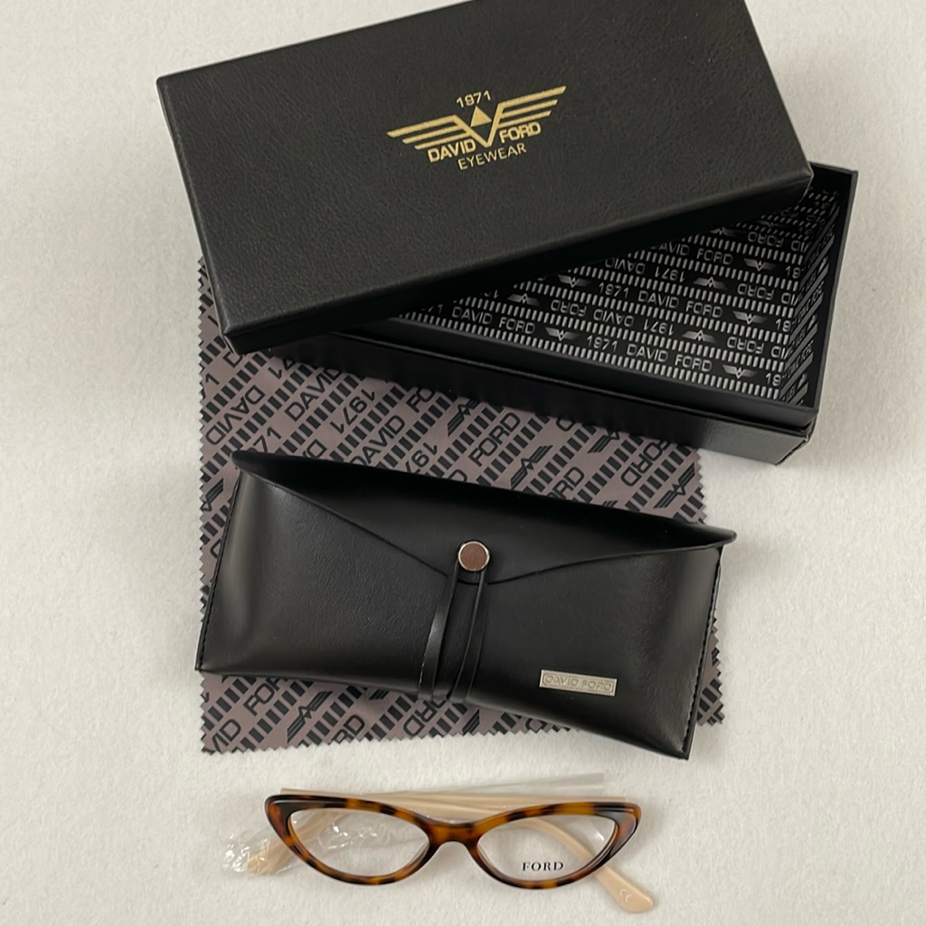 New David Ford Cateye Eyeglass Frame With Case, Lens Cloth, And Box.